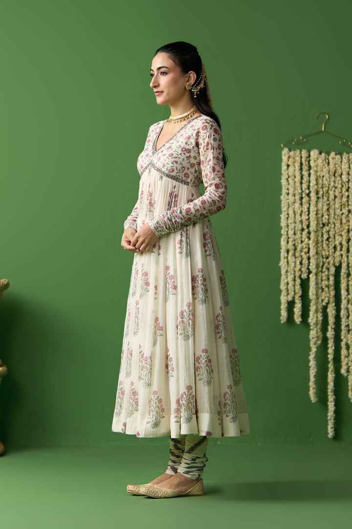 Gulnaar Ivory Block prined anarkali with churidar and dupatta ( set of 3)
