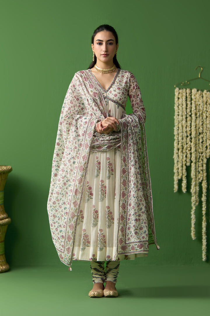 Gulnaar Ivory Block prined anarkali with churidar and dupatta ( set of 3)