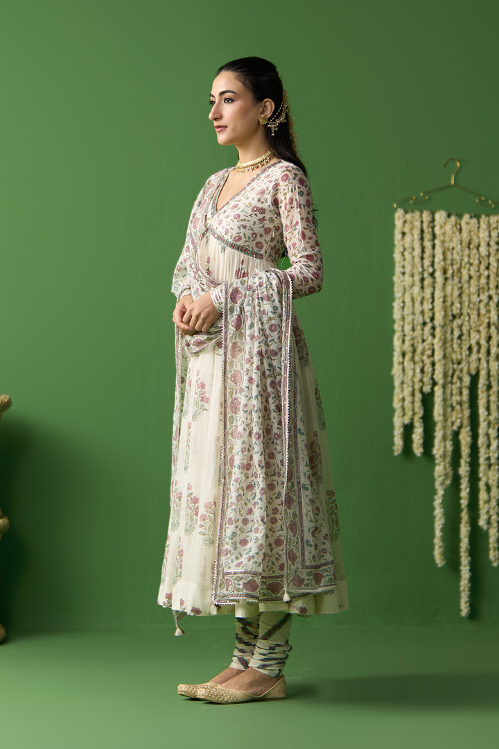 Gulnaar Ivory Block prined anarkali with churidar and dupatta ( set of 3)