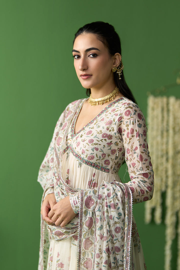 Gulnaar Ivory Block prined anarkali with churidar and dupatta ( set of 3)