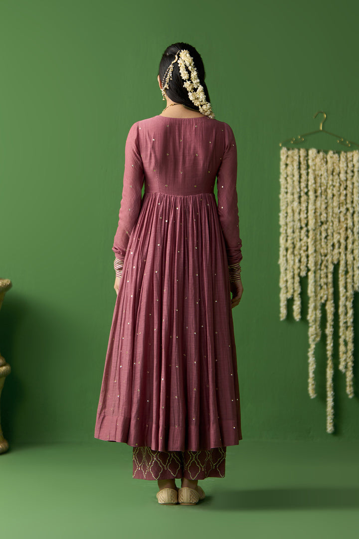 Gulnaar Ivory With Onion Pink solid v neck anarkali with gota embroidered palazzo and block printed dupatta ( set of 3)