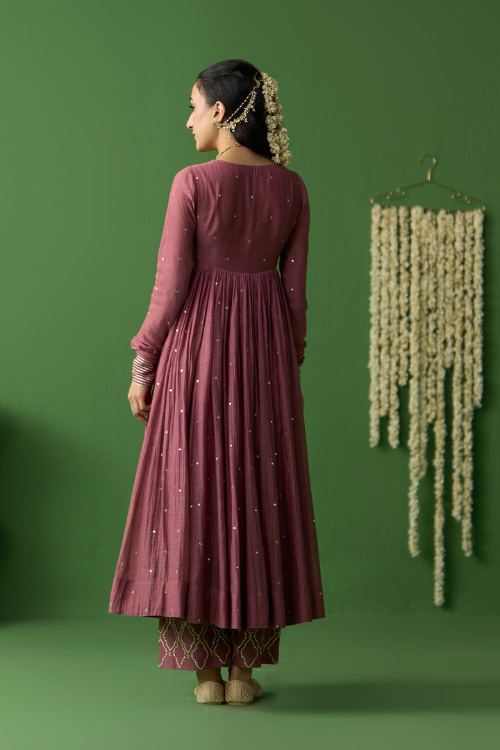 Gulnaar Ivory With Onion Pink solid v neck anarkali with gota embroidered palazzo and block printed dupatta ( set of 3)