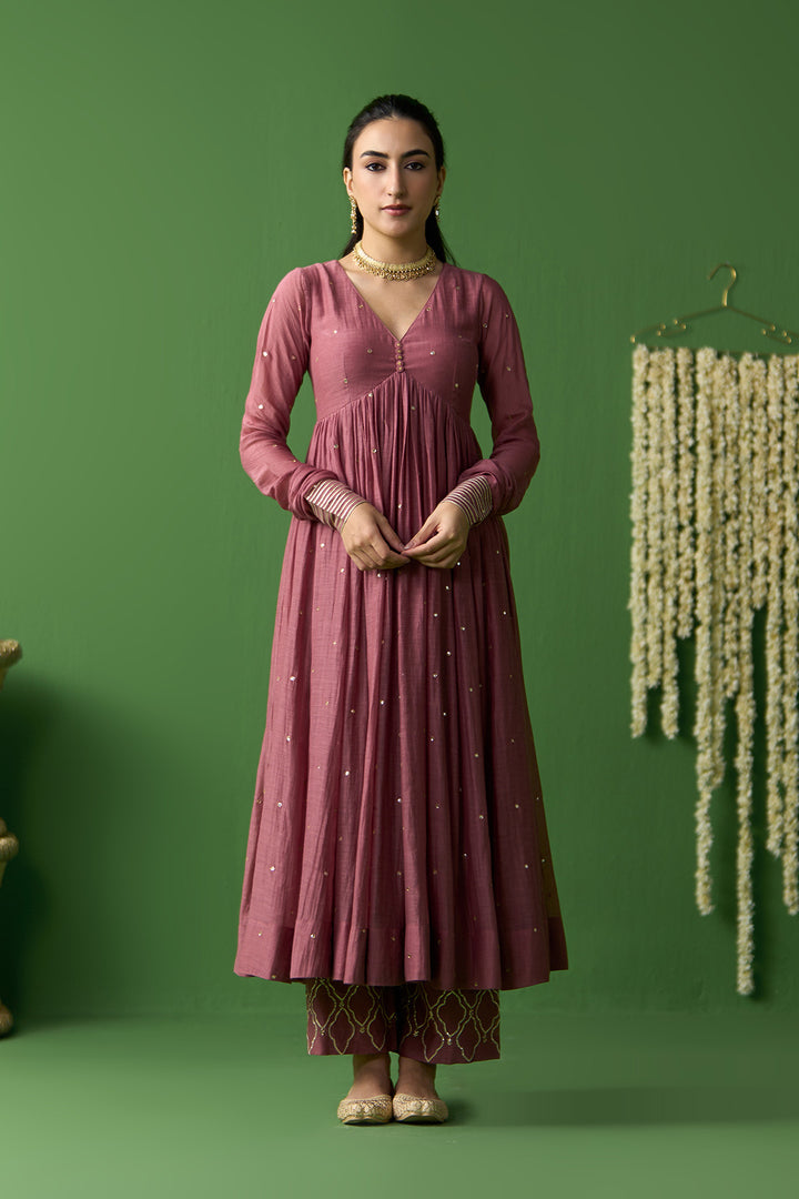 Gulnaar Ivory With Onion Pink solid v neck anarkali with gota embroidered palazzo and block printed dupatta ( set of 3)