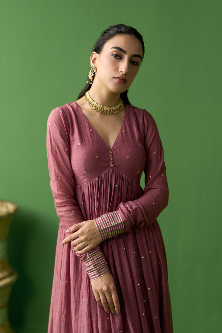 Gulnaar Ivory With Onion Pink solid v neck anarkali with gota embroidered palazzo and block printed dupatta ( set of 3)