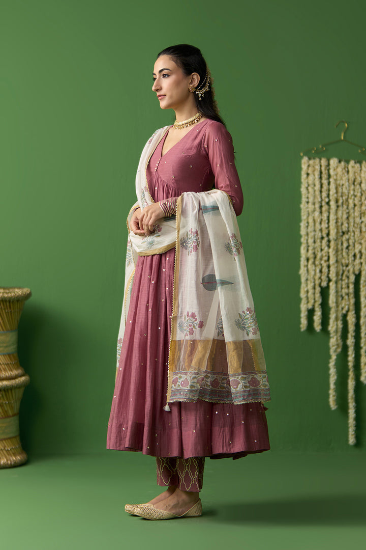 Gulnaar Ivory With Onion Pink solid v neck anarkali with gota embroidered palazzo and block printed dupatta ( set of 3)