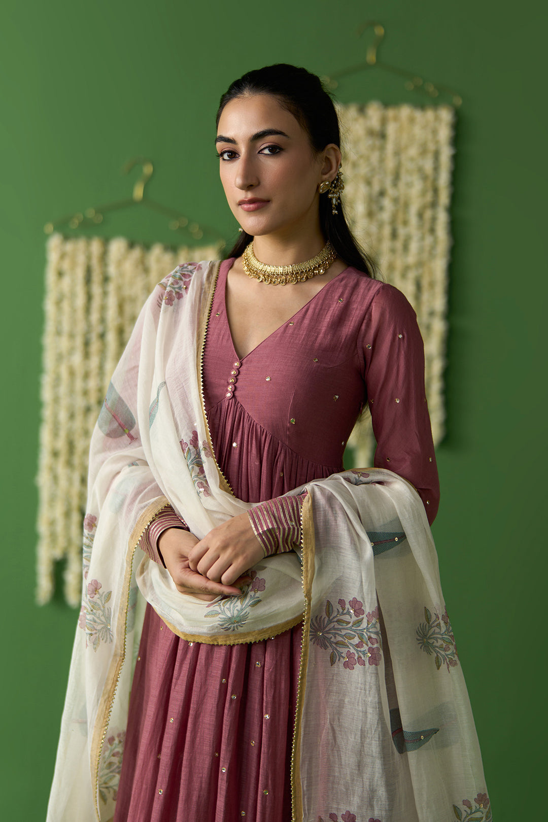 Gulnaar Ivory With Onion Pink solid v neck anarkali with gota embroidered palazzo and block printed dupatta ( set of 3)