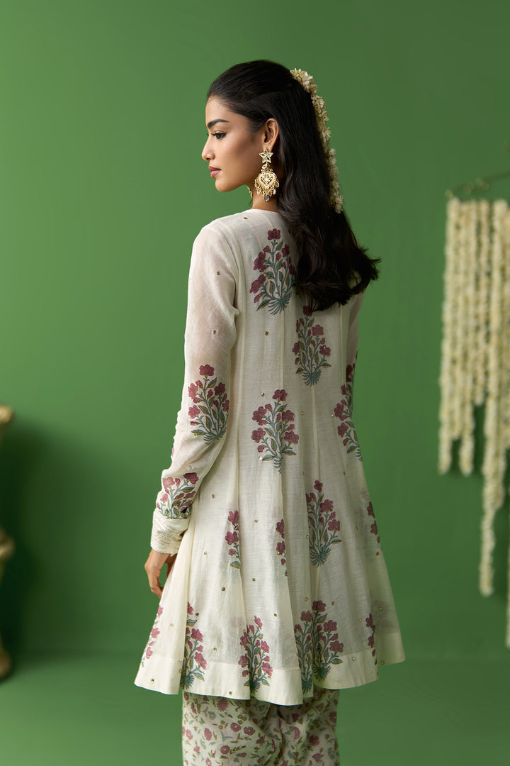 Gulnaar Ivory Block printed short kurta with salwar and dupatta ( set of 3)