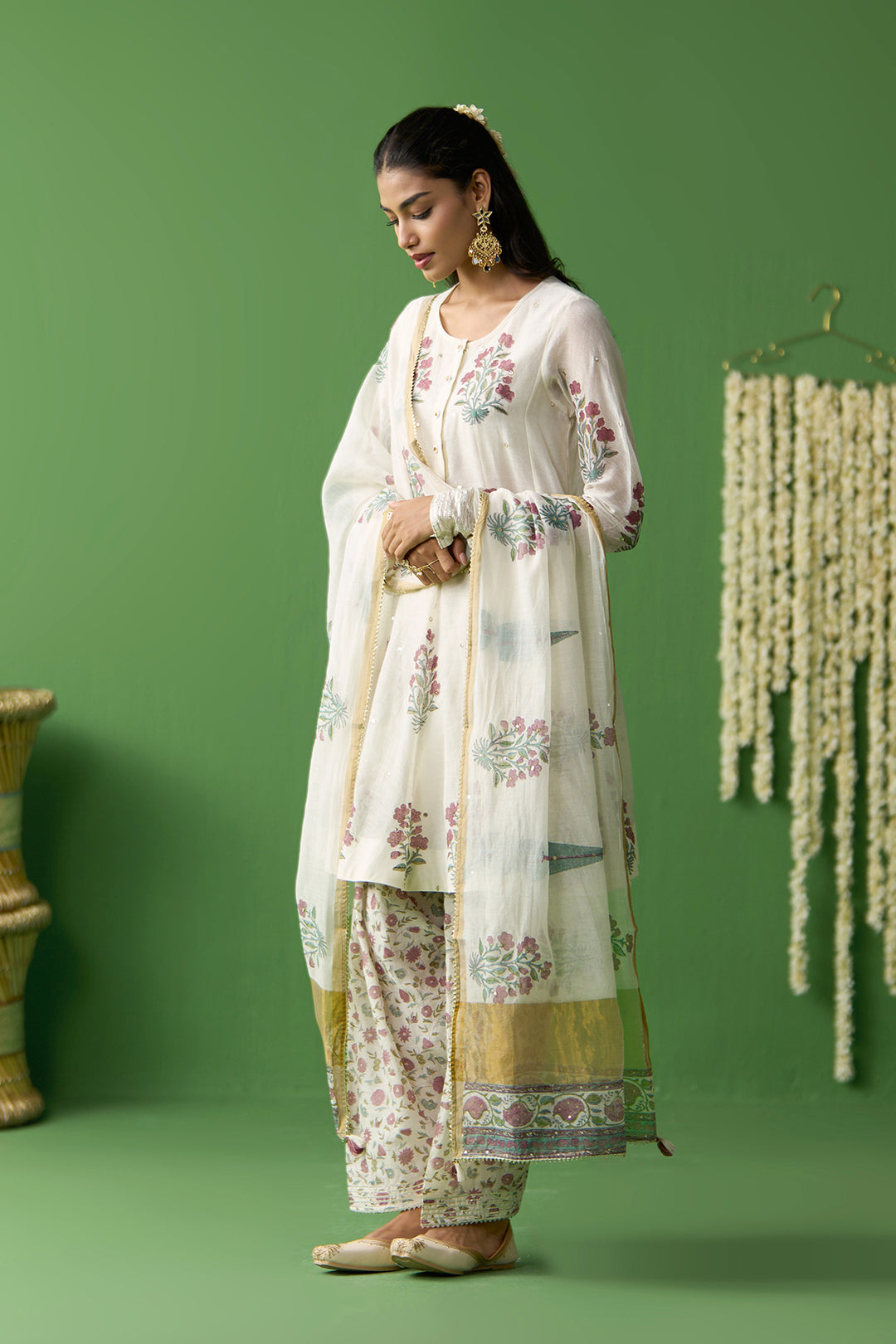 Gulnaar Ivory Block printed short kurta with salwar and dupatta ( set of 3)