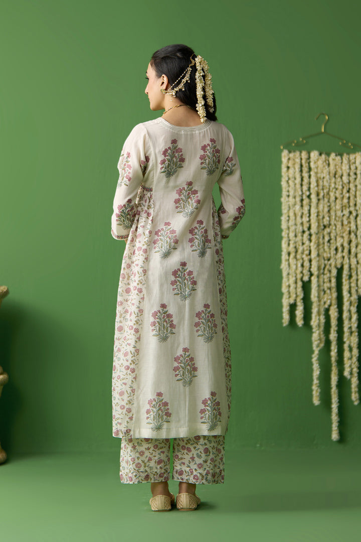 Gulnaar Ivory block printed side gathered kurta with palazzo and dupatta ( set of 3)
