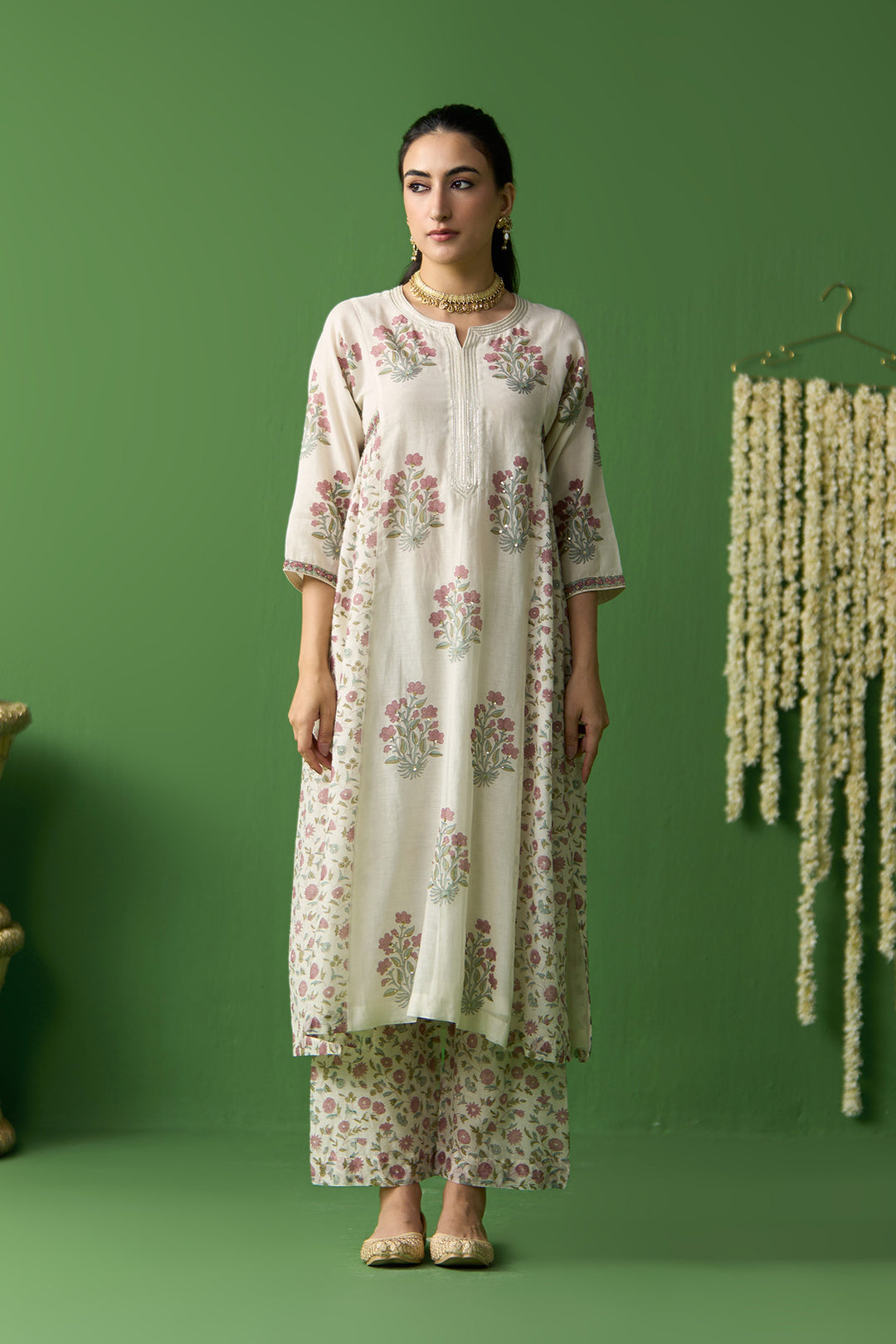 Gulnaar Ivory block printed side gathered kurta with palazzo and dupatta ( set of 3)