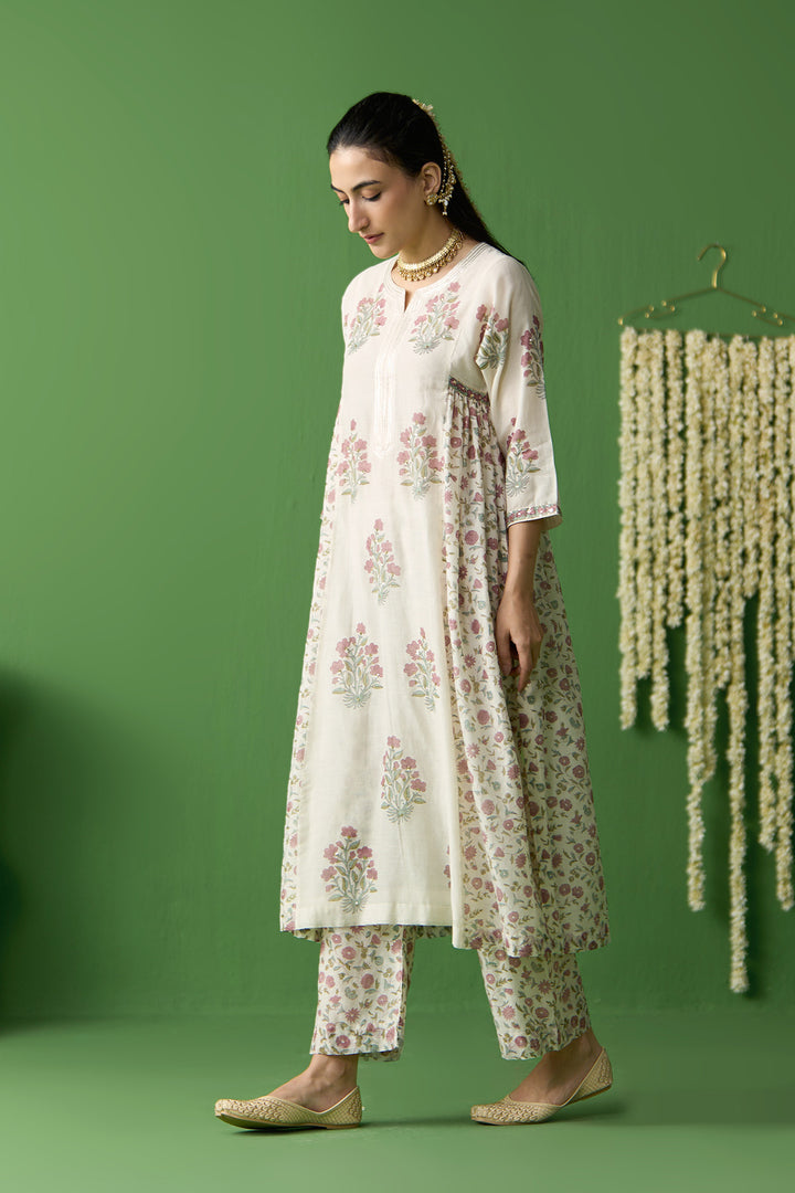Gulnaar Ivory block printed side gathered kurta with palazzo and dupatta ( set of 3)