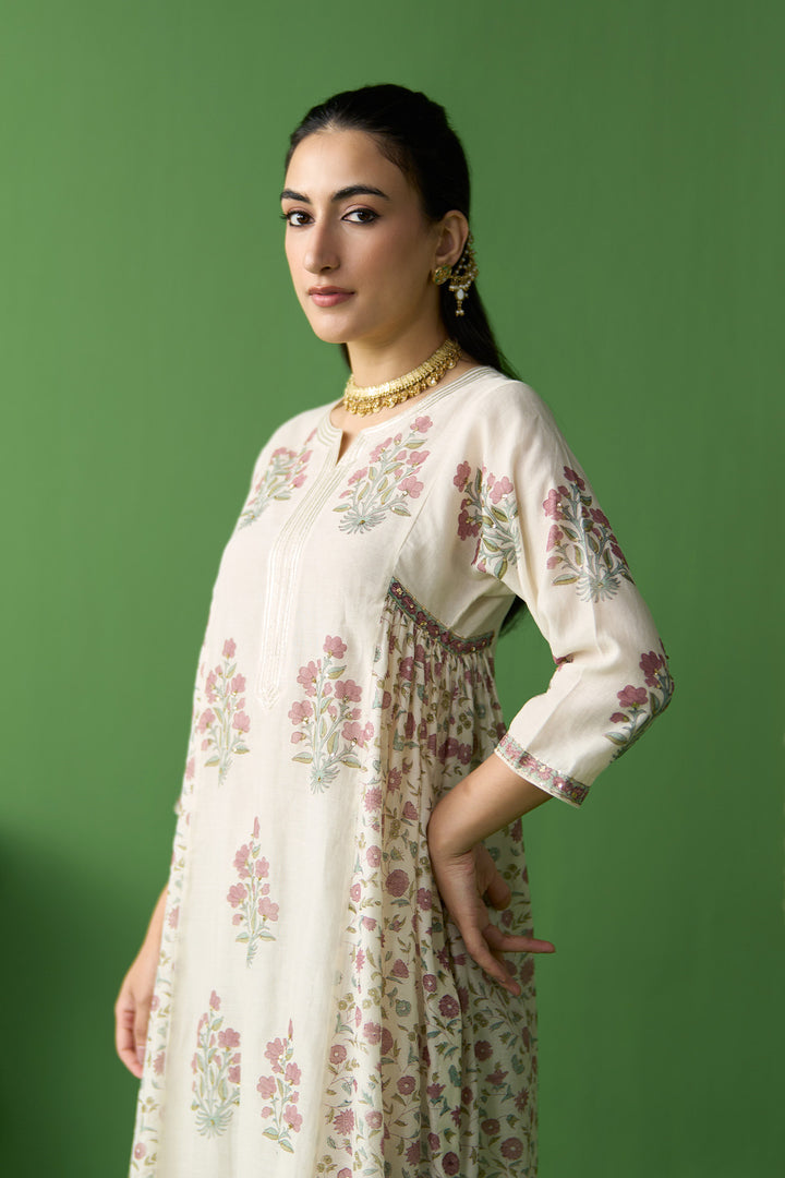 Gulnaar Ivory block printed side gathered kurta with palazzo and dupatta ( set of 3)