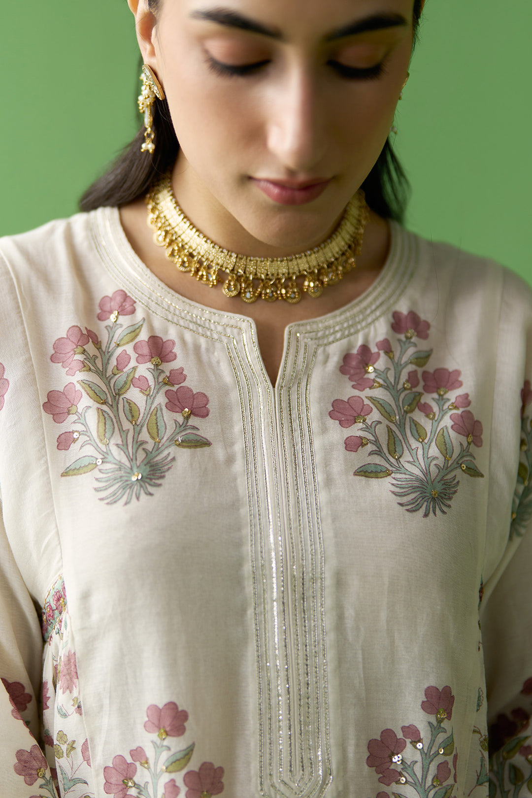 Gulnaar Ivory block printed side gathered kurta with palazzo and dupatta ( set of 3)
