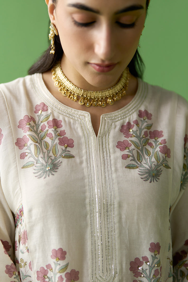 Gulnaar Ivory block printed side gathered kurta with palazzo and dupatta ( set of 3)