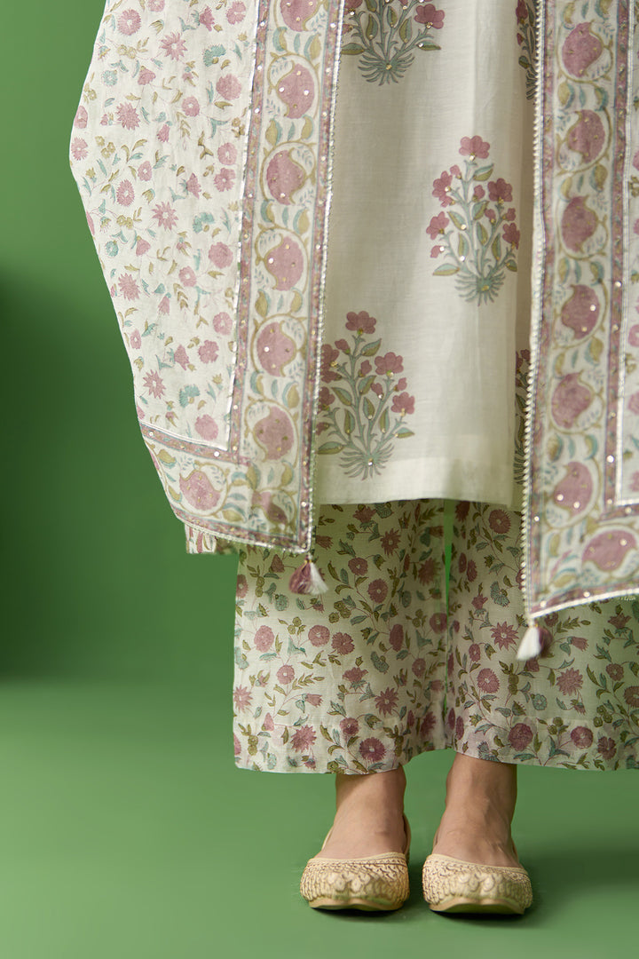 Gulnaar Ivory block printed side gathered kurta with palazzo and dupatta ( set of 3)