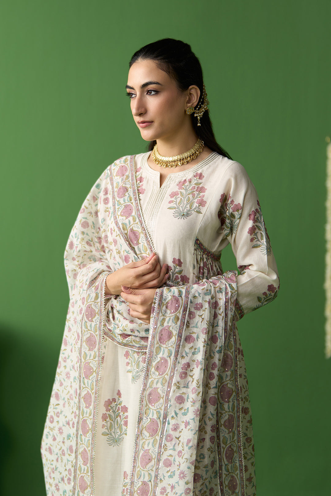 Gulnaar Ivory block printed side gathered kurta with palazzo and dupatta ( set of 3)