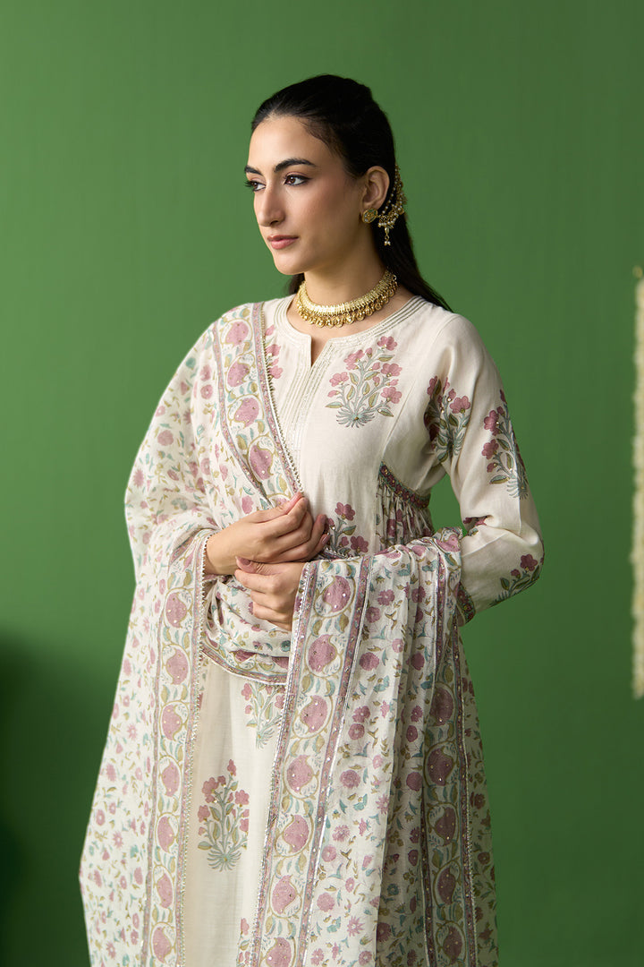 Gulnaar Ivory block printed side gathered kurta with palazzo and dupatta ( set of 3)