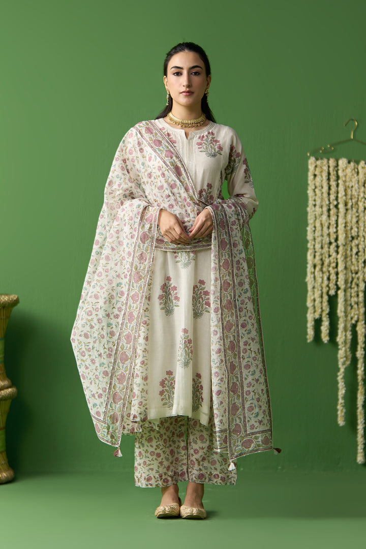 Gulnaar Ivory block printed side gathered kurta with palazzo and dupatta ( set of 3)