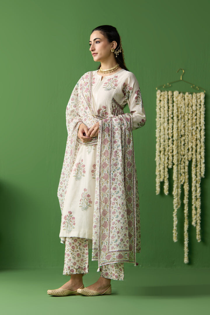 Gulnaar Ivory block printed side gathered kurta with palazzo and dupatta ( set of 3)