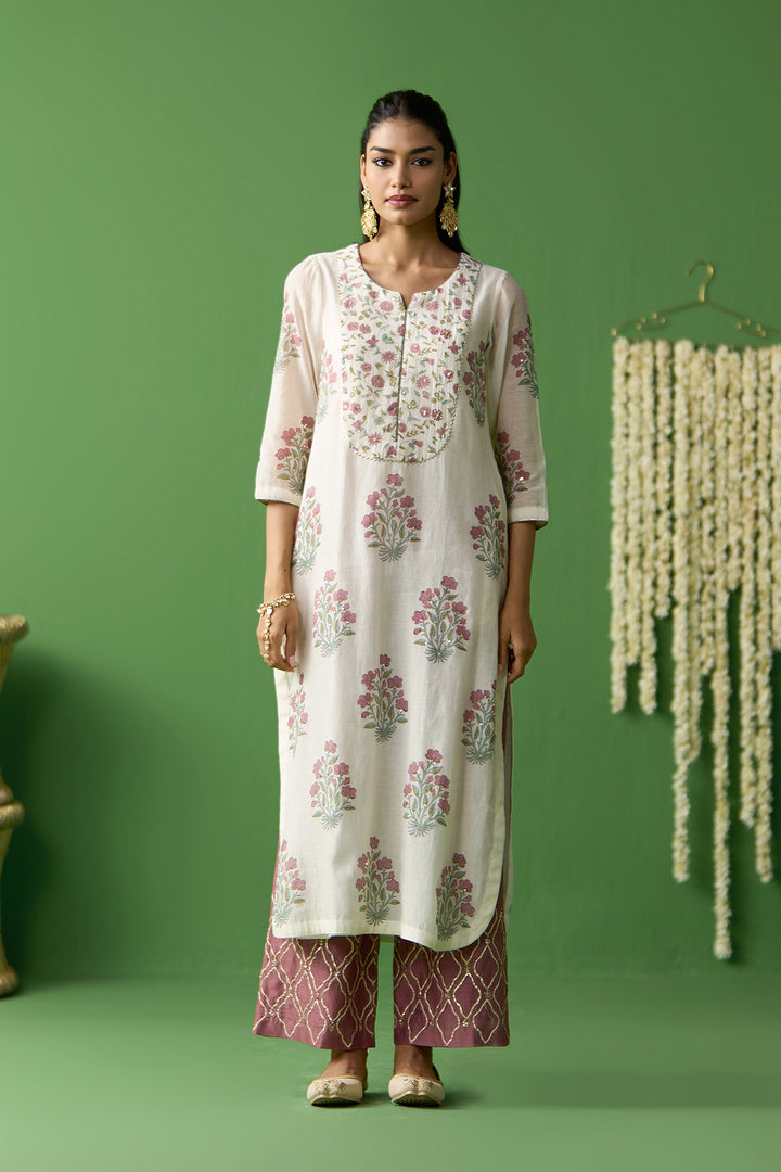 Gulnaar Ivory With Onion Pink block printed kurta with gota embroidered palazzo and dupatta ( set of 3)