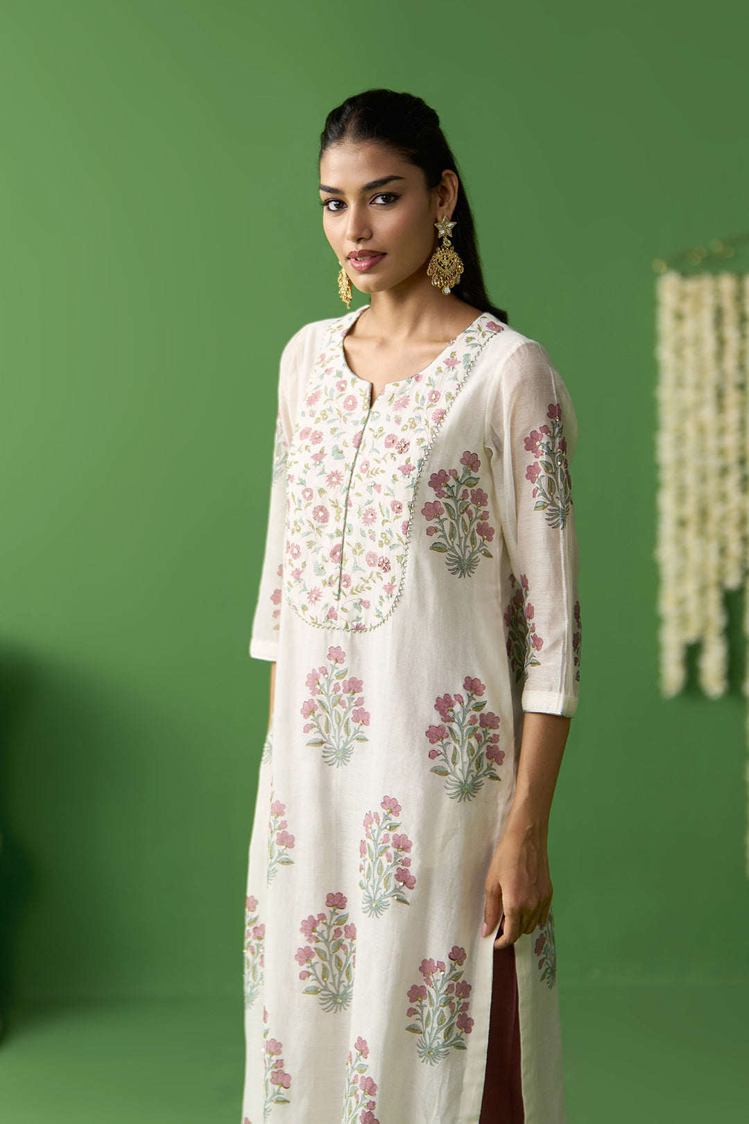 Gulnaar Ivory With Onion Pink block printed kurta with gota embroidered palazzo and dupatta ( set of 3)
