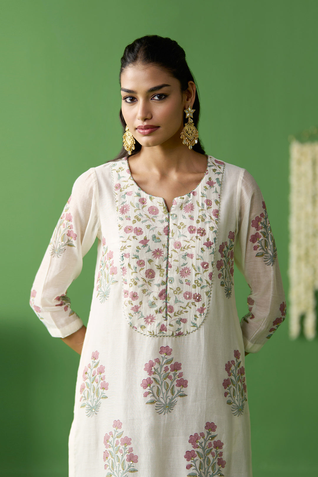 Gulnaar Ivory With Onion Pink block printed kurta with gota embroidered palazzo and dupatta ( set of 3)