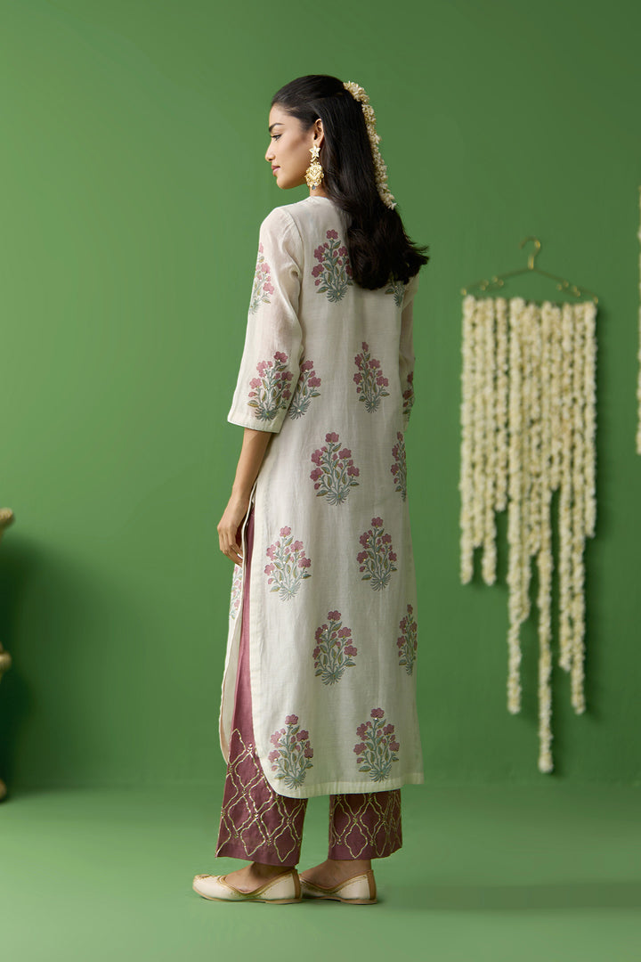 Gulnaar Ivory With Onion Pink block printed kurta with gota embroidered palazzo and dupatta ( set of 3)
