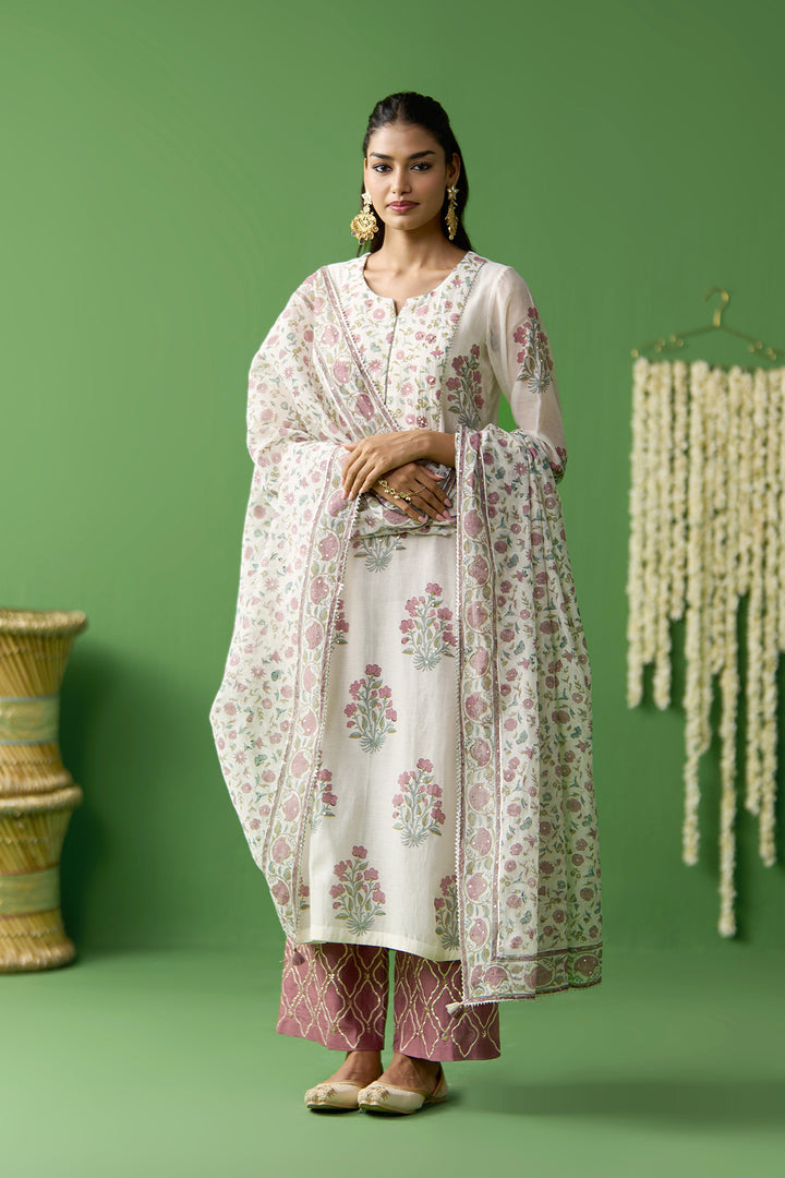 Gulnaar Ivory With Onion Pink block printed kurta with gota embroidered palazzo and dupatta ( set of 3)