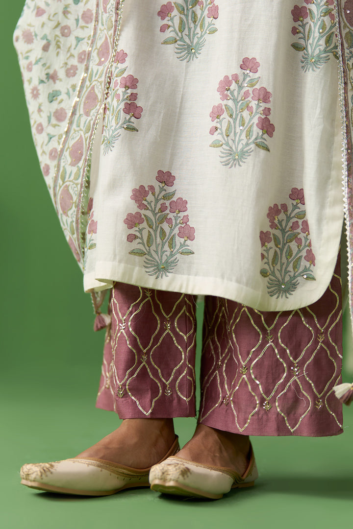 Gulnaar Ivory With Onion Pink block printed kurta with gota embroidered palazzo and dupatta ( set of 3)