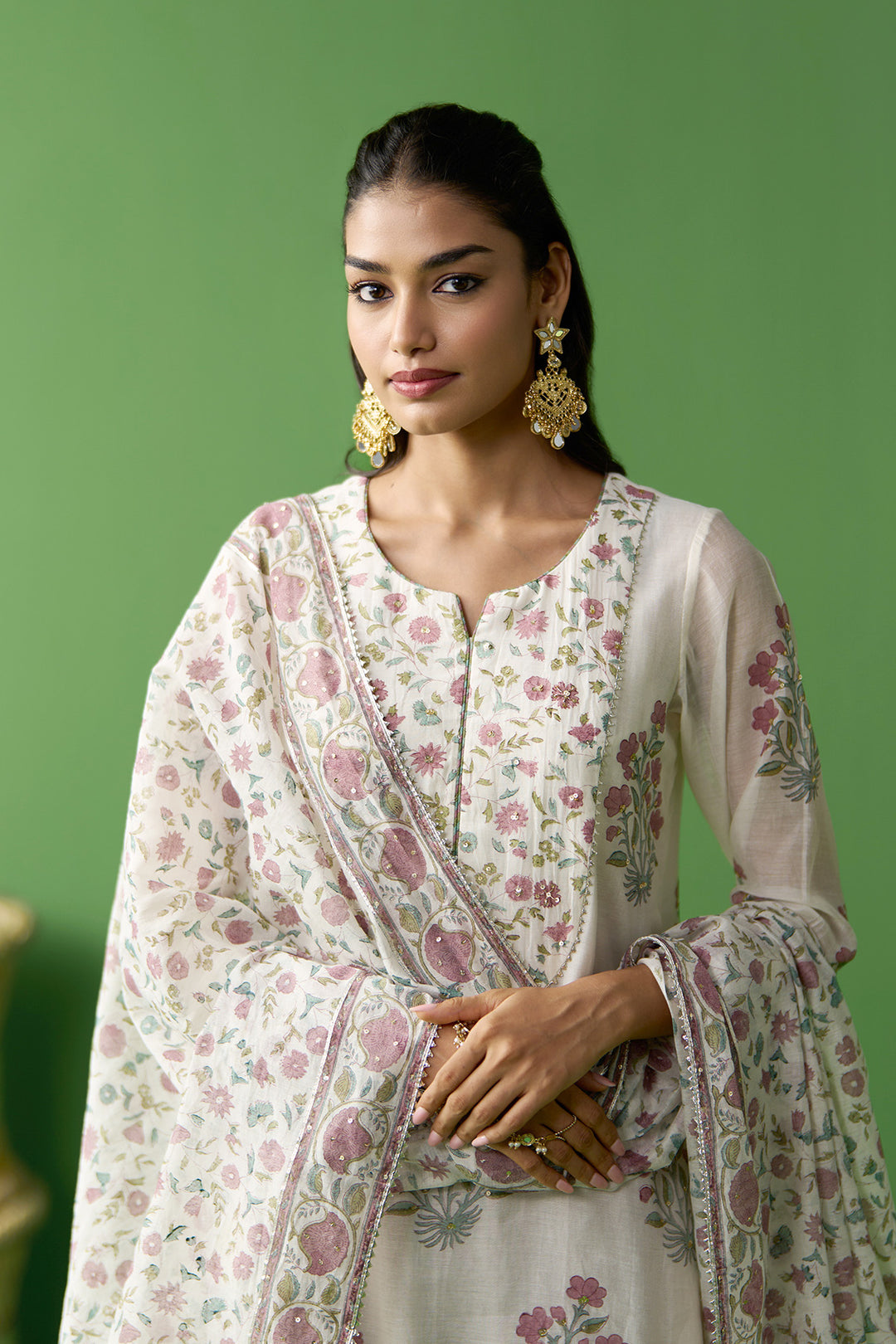 Gulnaar Ivory With Onion Pink block printed kurta with gota embroidered palazzo and dupatta ( set of 3)