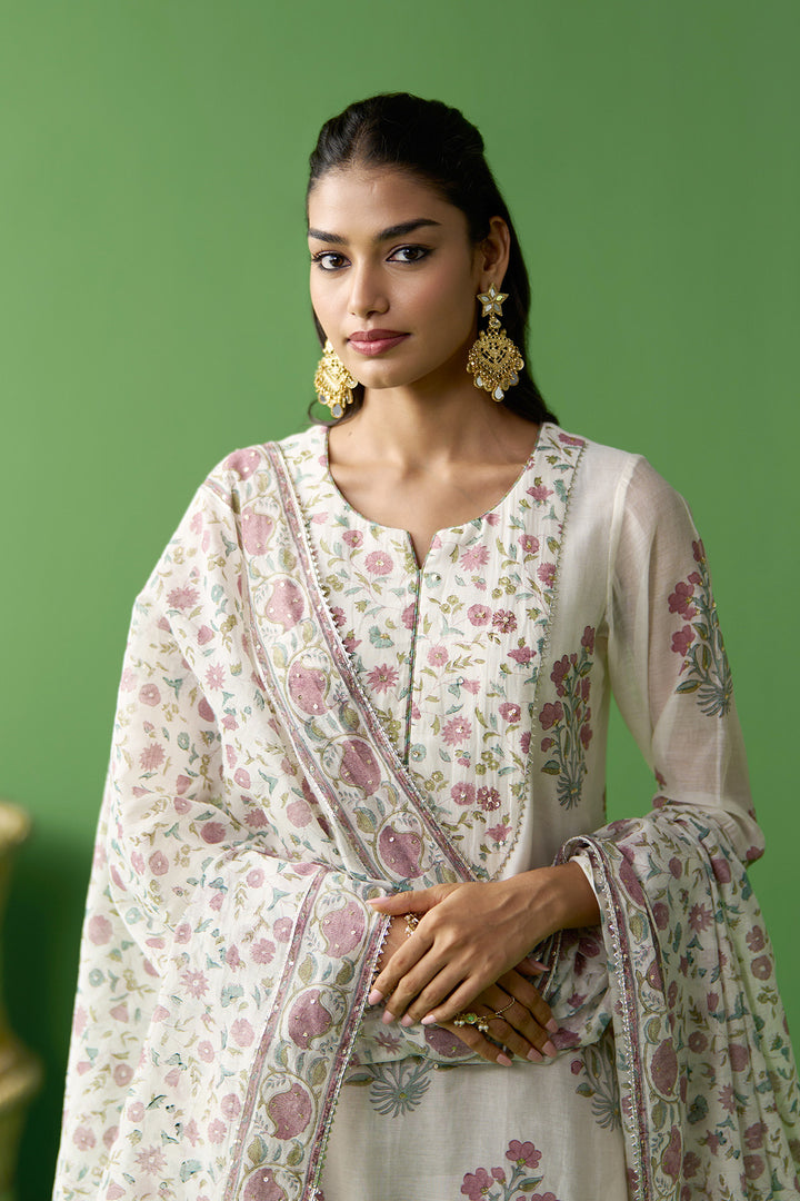 Gulnaar Ivory With Onion Pink block printed kurta with gota embroidered palazzo and dupatta ( set of 3)