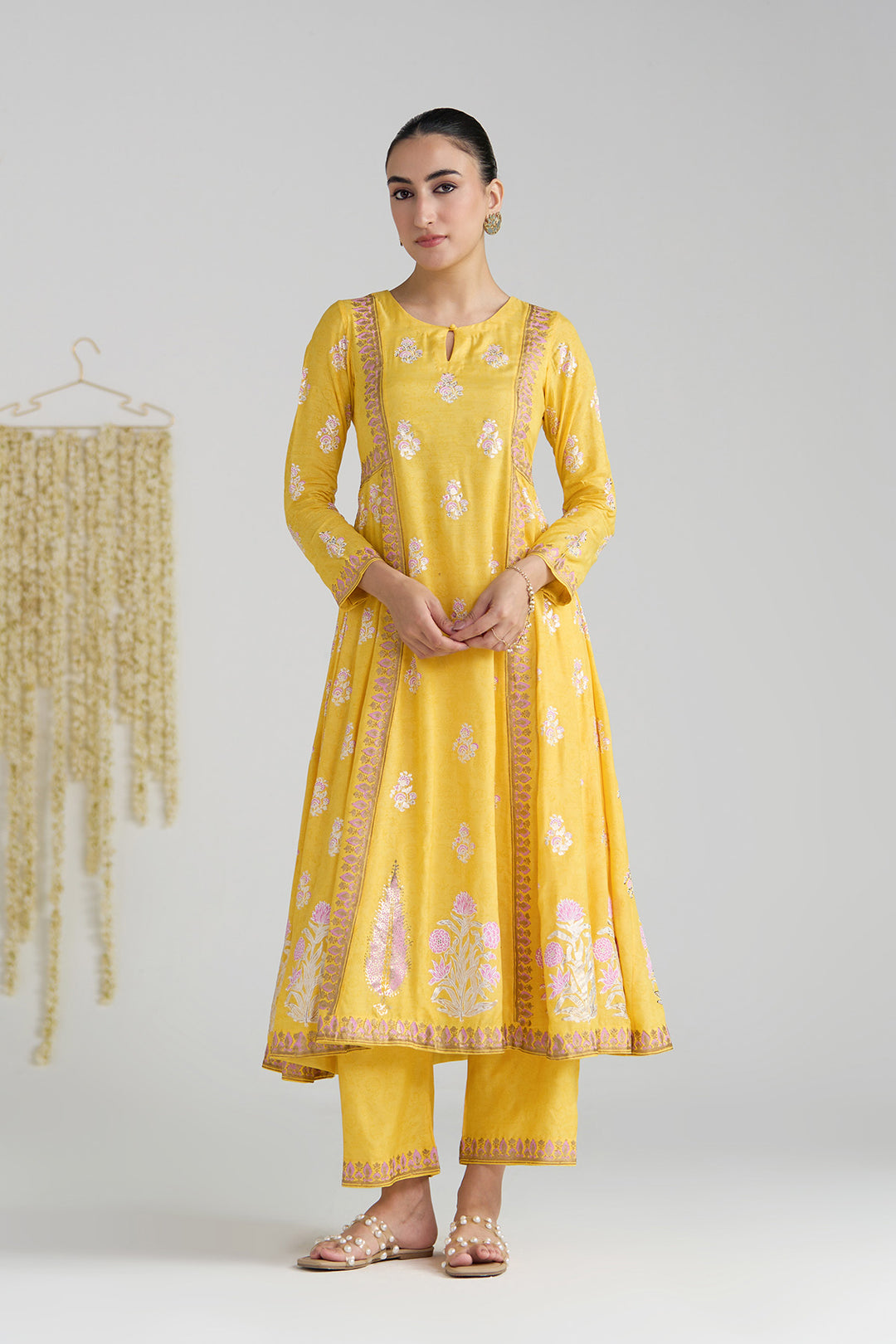 Gulnaar Mustard Foil Print Mukaish Work Kurta With Palazzo And Dupatta (Set Of 3)