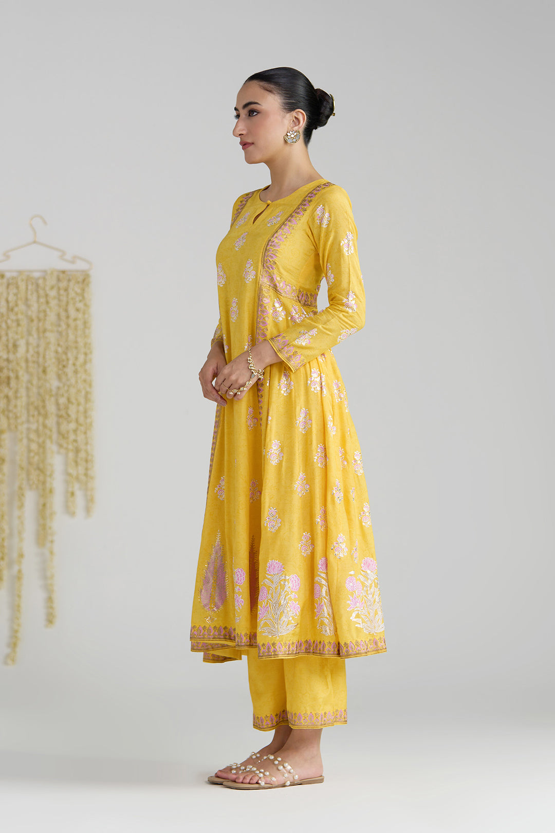 Gulnaar Mustard Foil Print Mukaish Work Kurta With Palazzo And Dupatta (Set Of 3)