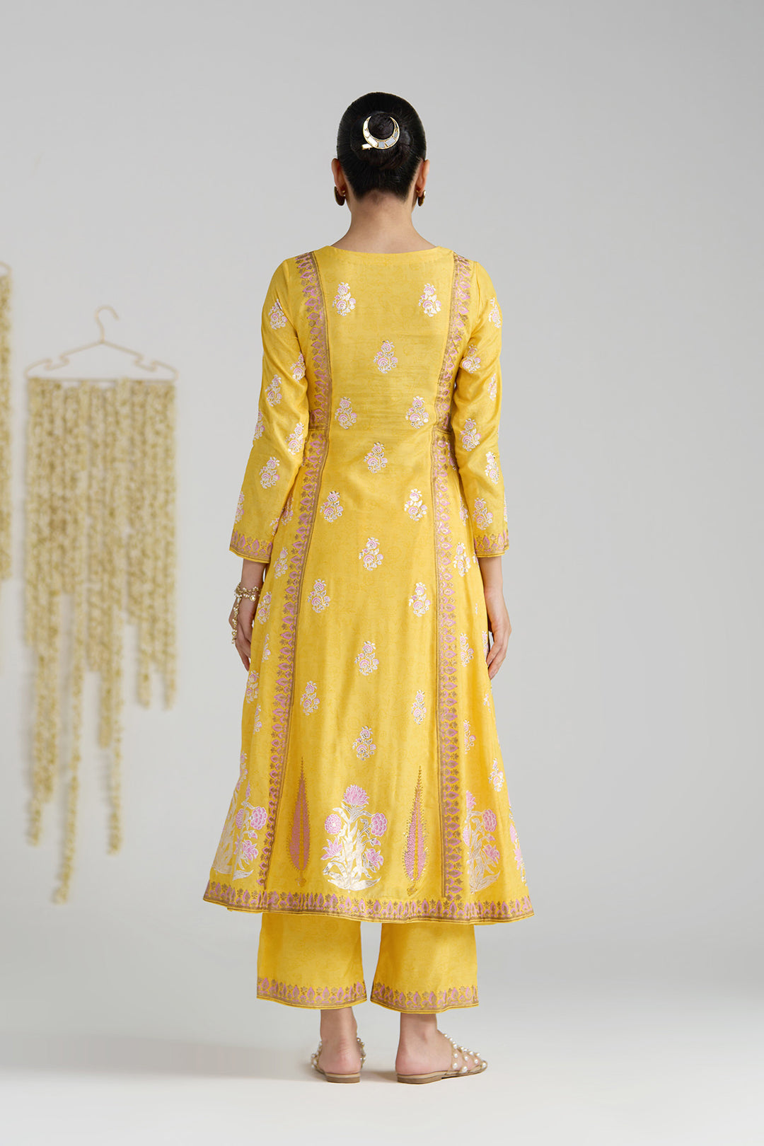 Gulnaar Mustard Foil Print Mukaish Work Kurta With Palazzo And Dupatta (Set Of 3)