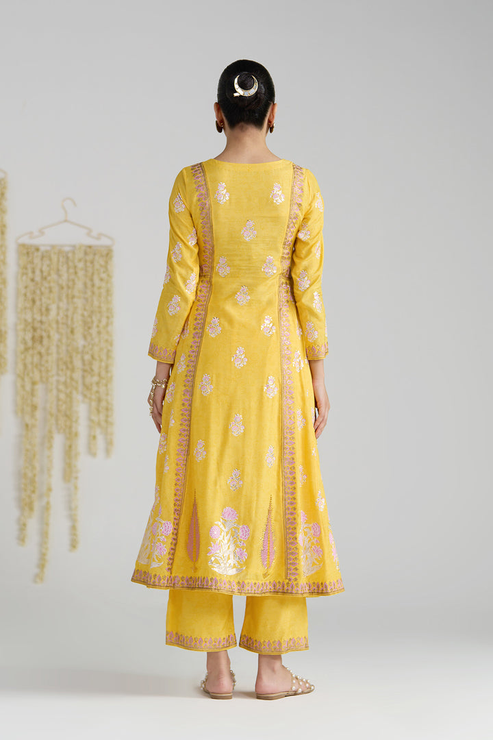 Gulnaar Mustard Foil Print Mukaish Work Kurta With Palazzo And Dupatta (Set Of 3)