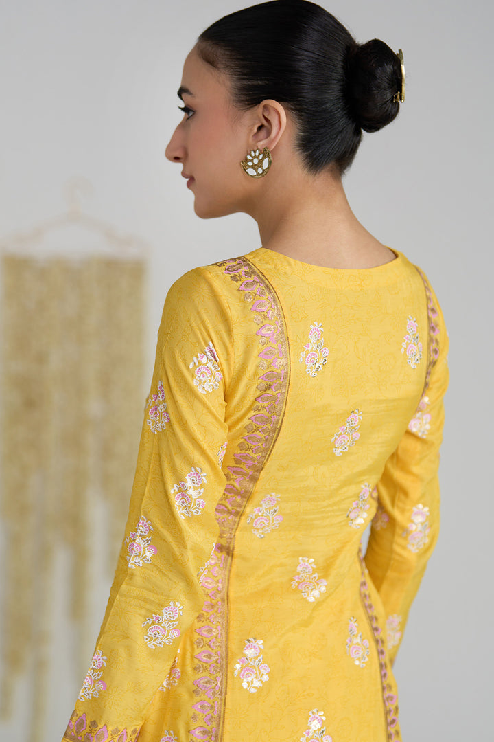Gulnaar Mustard Foil Print Mukaish Work Kurta With Palazzo And Dupatta (Set Of 3)