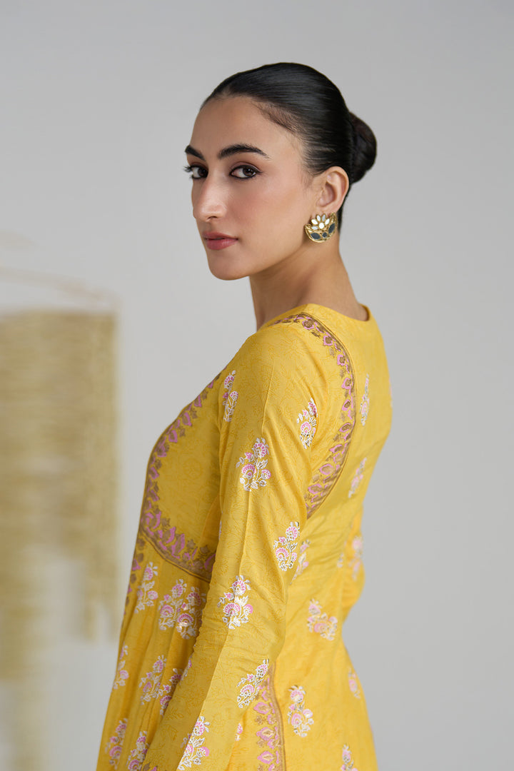 Gulnaar Mustard Foil Print Mukaish Work Kurta With Palazzo And Dupatta (Set Of 3)
