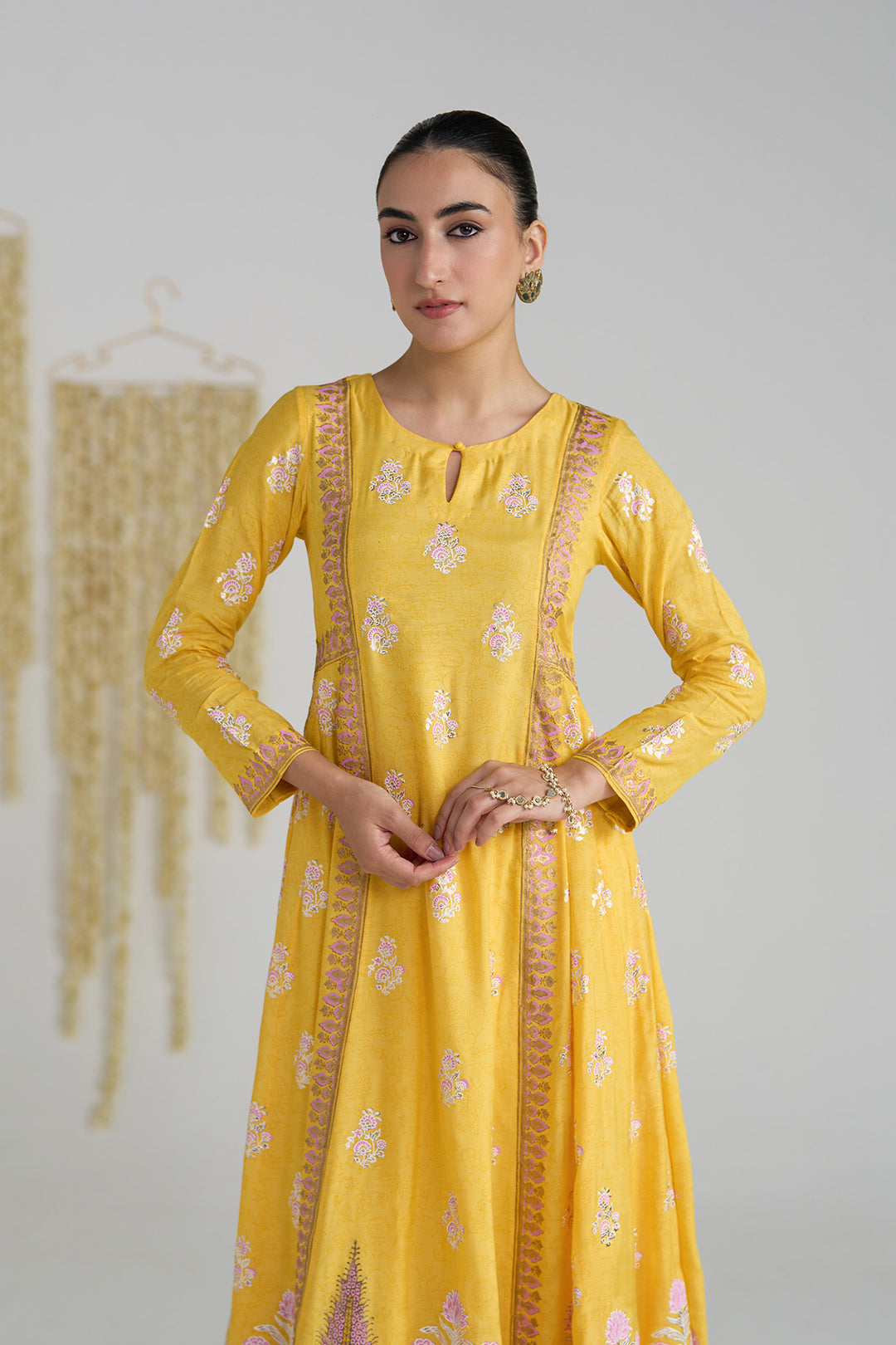 Gulnaar Mustard Foil Print Mukaish Work Kurta With Palazzo And Dupatta (Set Of 3)