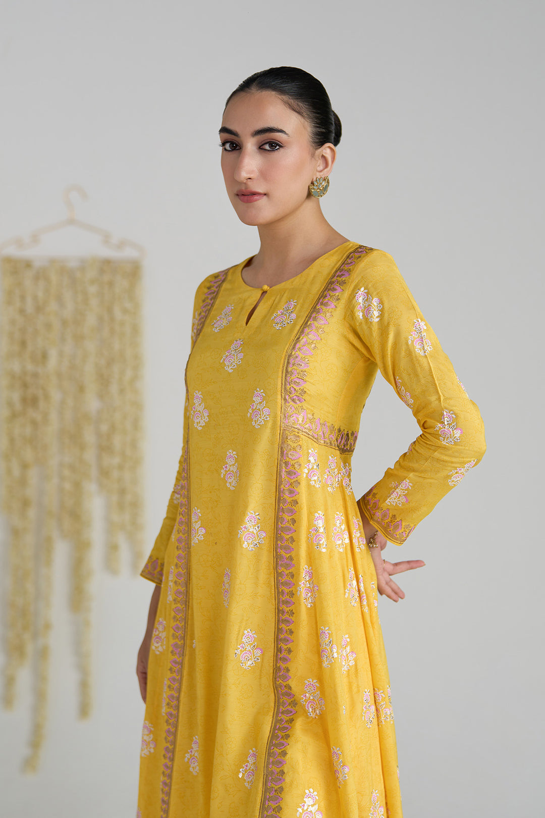 Gulnaar Mustard Foil Print Mukaish Work Kurta With Palazzo And Dupatta (Set Of 3)