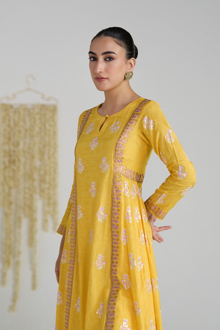 Gulnaar Mustard Foil Print Mukaish Work Kurta With Palazzo And Dupatta (Set Of 3)