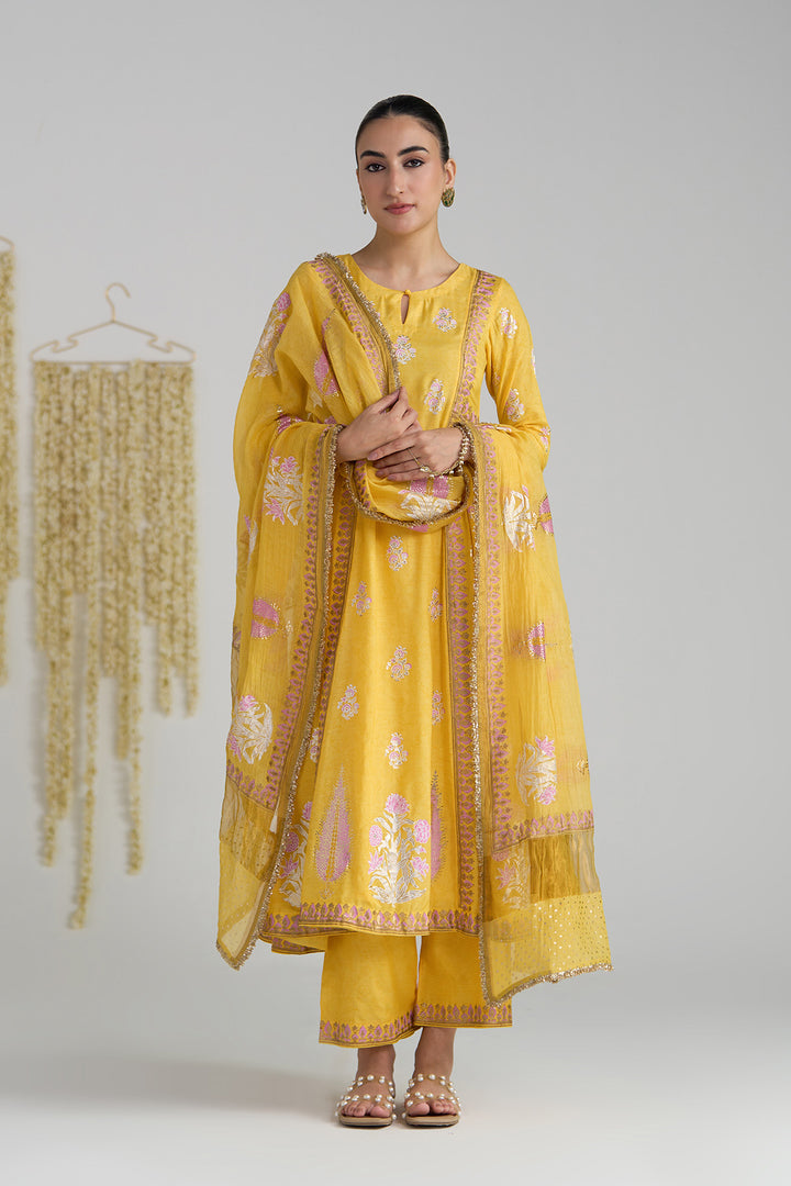 Gulnaar Mustard Foil Print Mukaish Work Kurta With Palazzo And Dupatta (Set Of 3)