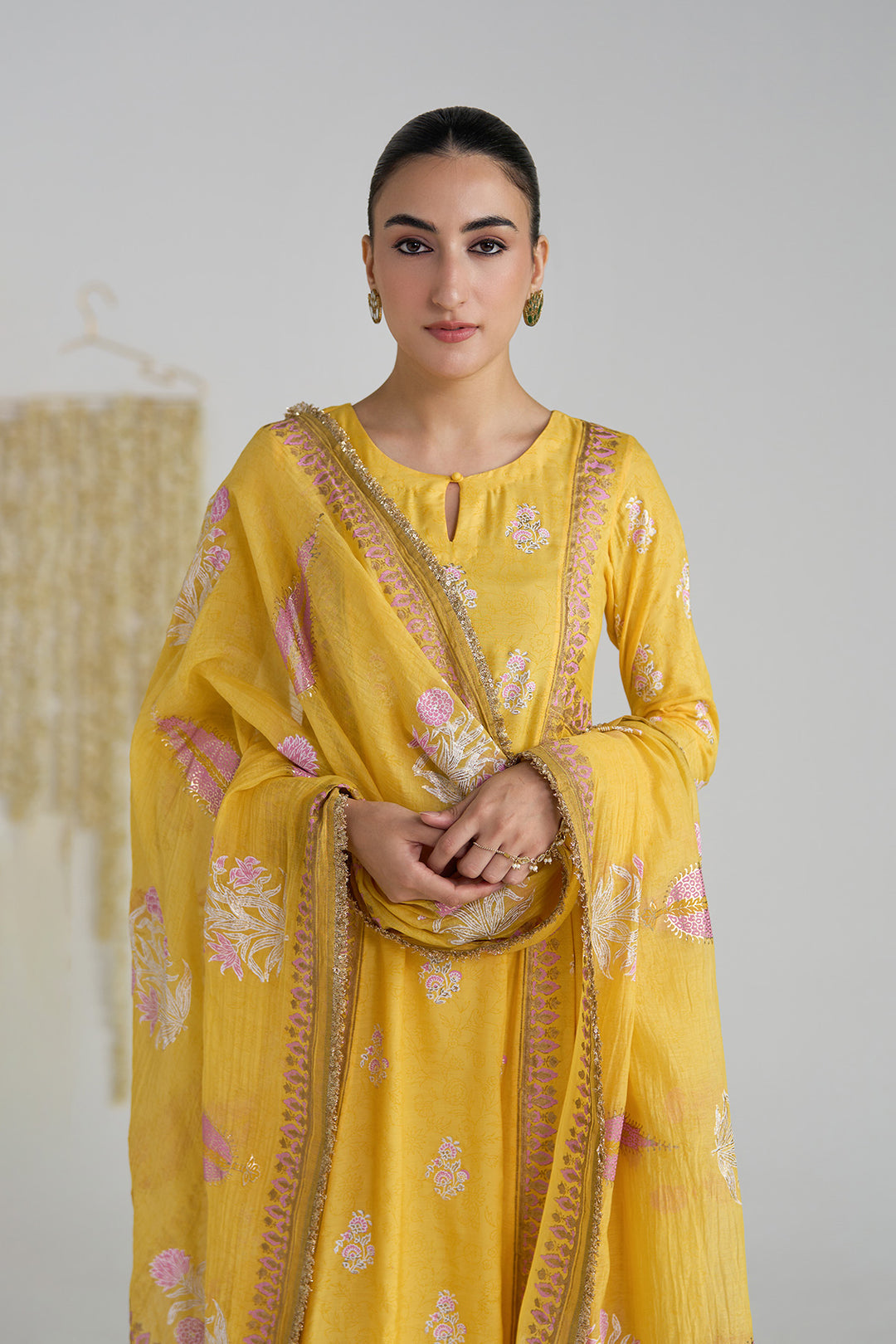 Gulnaar Mustard Foil Print Mukaish Work Kurta With Palazzo And Dupatta (Set Of 3)
