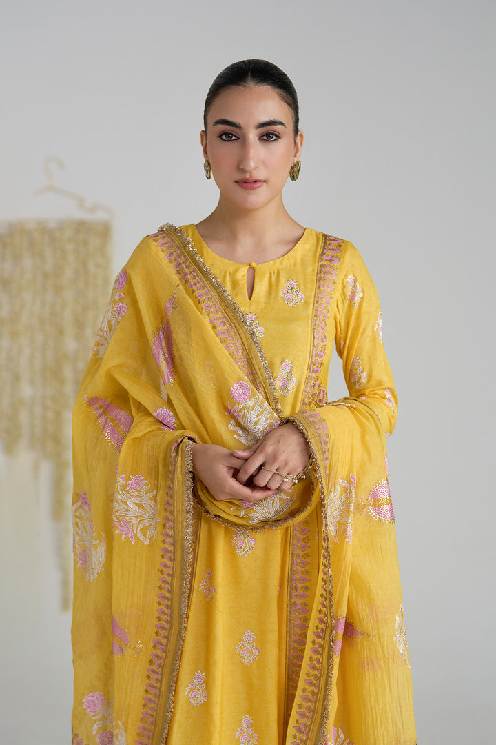 Gulnaar Mustard Foil Print Mukaish Work Kurta With Palazzo And Dupatta (Set Of 3)