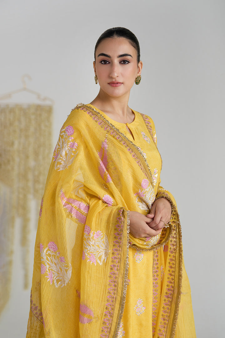Gulnaar Mustard Foil Print Mukaish Work Kurta With Palazzo And Dupatta (Set Of 3)