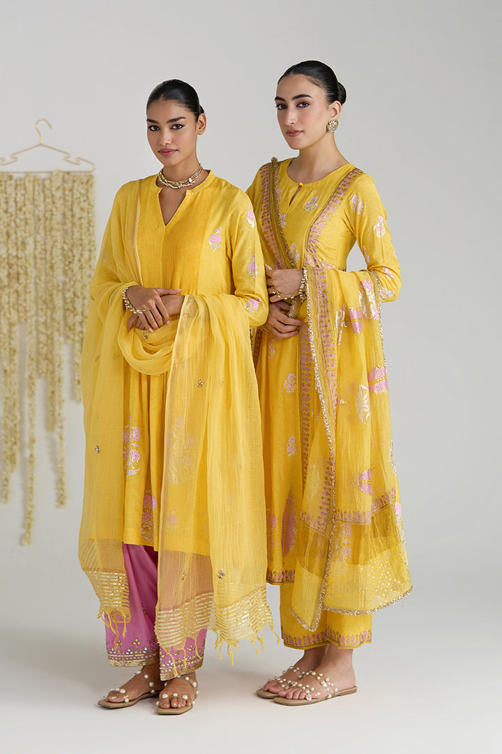 Gulnaar Mustard Foil Print Mukaish Work Kurta With Palazzo And Dupatta (Set Of 3)