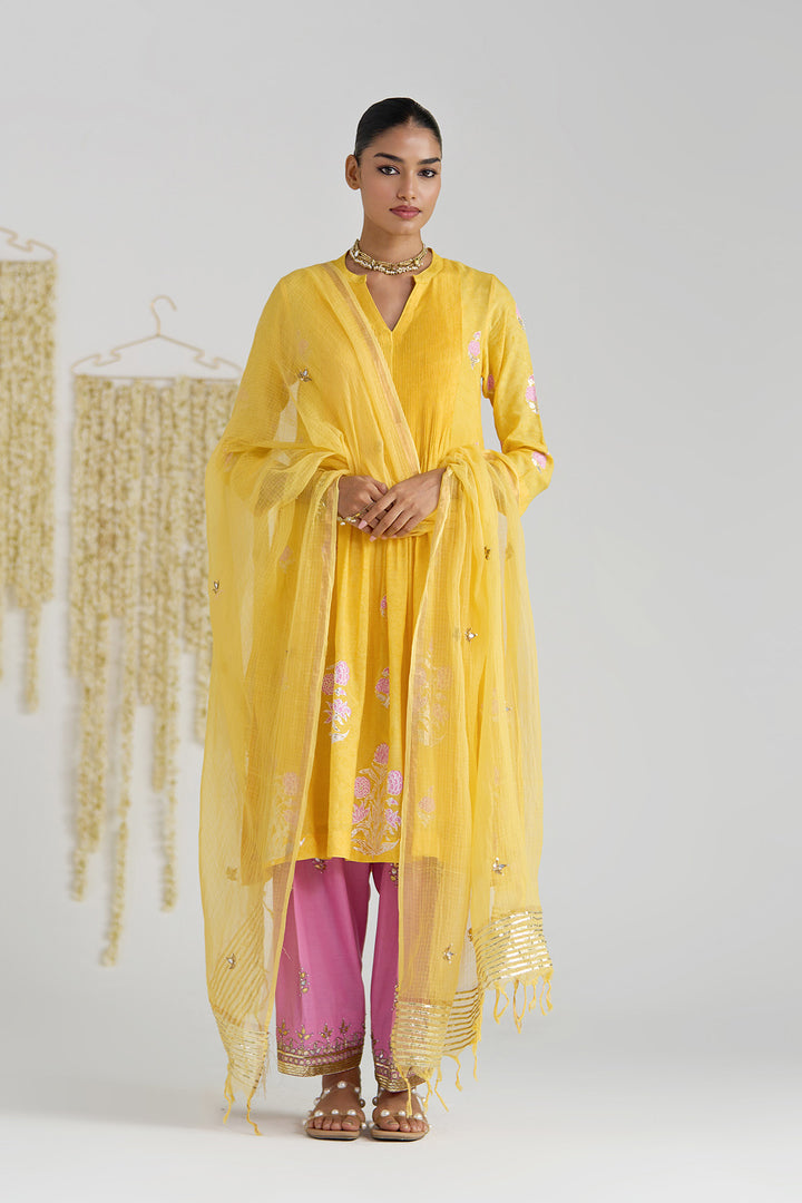 Gulnaar Mustard Foil Print Pintuck Kurta With Embroidered Salwar And Dupatta ( Set Of 3)