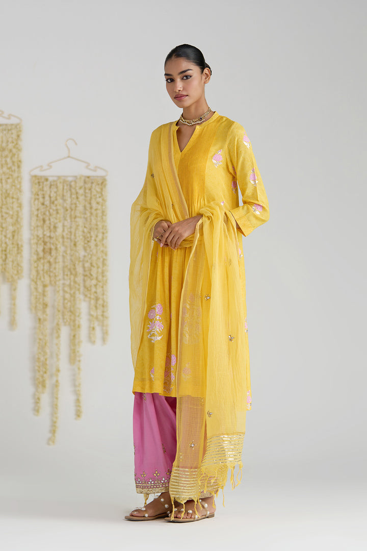 Gulnaar Mustard Foil Print Pintuck Kurta With Embroidered Salwar And Dupatta ( Set Of 3)