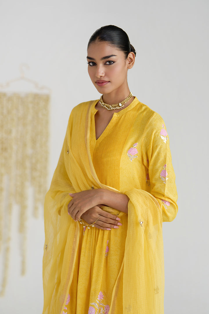 Gulnaar Mustard Foil Print Pintuck Kurta With Embroidered Salwar And Dupatta ( Set Of 3)