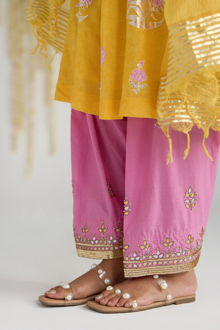 Gulnaar Mustard Foil Print Pintuck Kurta With Embroidered Salwar And Dupatta ( Set Of 3)