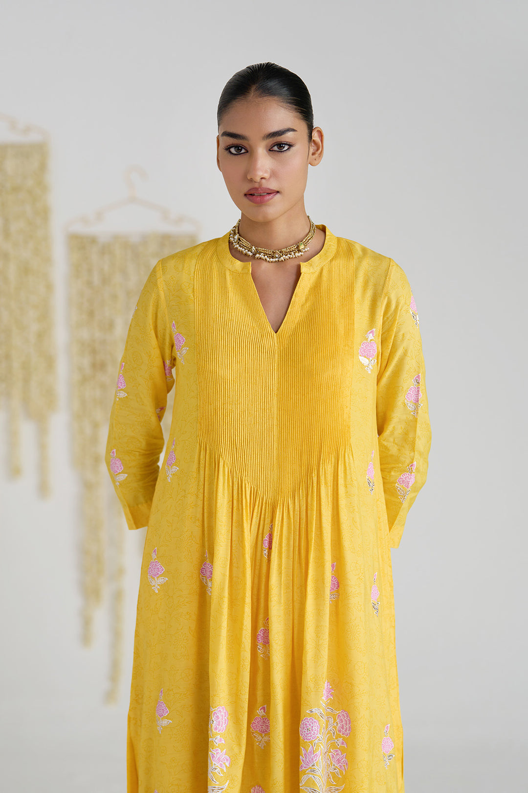 Gulnaar Mustard Foil Print Pintuck Kurta With Embroidered Salwar And Dupatta ( Set Of 3)